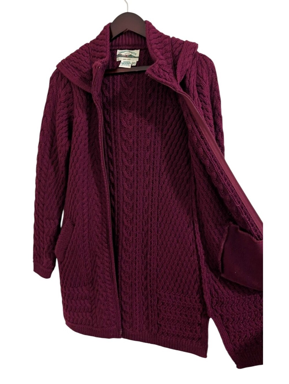 Aran Crafts Ireland 100% Merino Wool Zip Hoodie Sweater - Size XS Burgundy - Picture 4 of 10